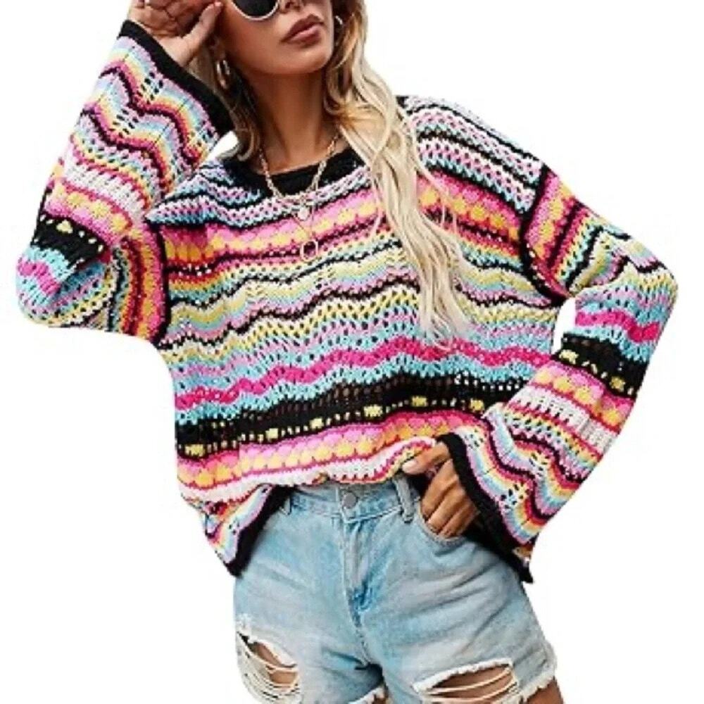 1361 -Cellecci Open Knit striped rainbow colorful sweater boho, loose -Small NWT